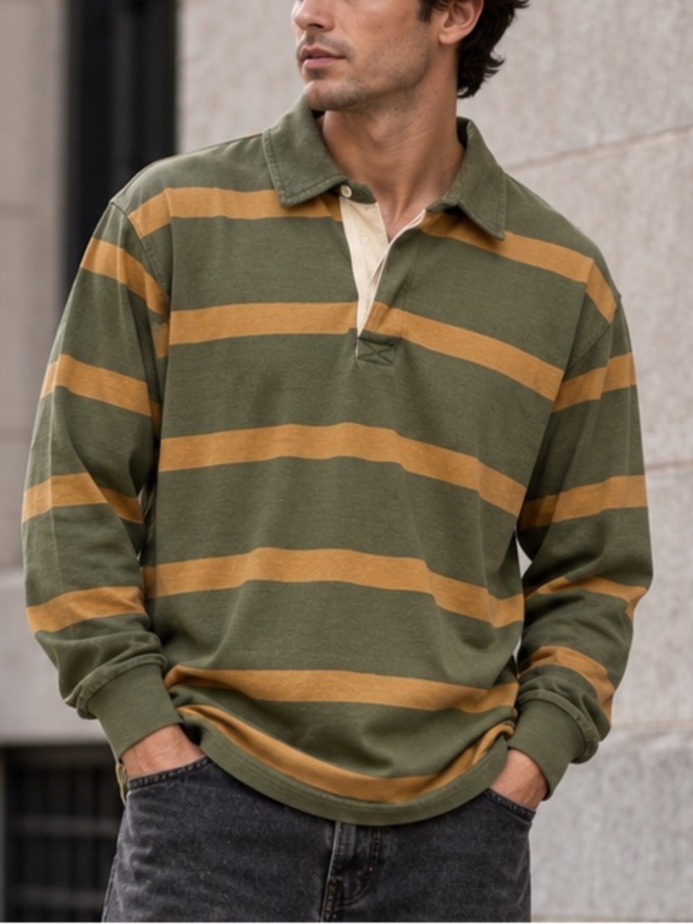 Vintage 90s St. John’s Bay Strioed Rugby Shirt Mens M Olive Tan Long Sleeve